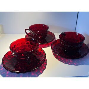 Anchor Hocking Ruby Red Bubble Cup & Saucer (3 sets)